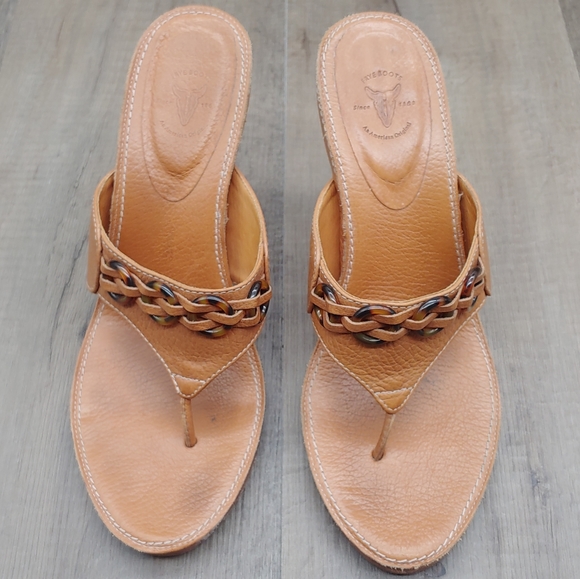 Frye Sandals Womens High Heel T Strap Open Toe Platform Wood Brown - Picture 8 of 8